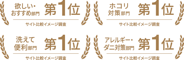 欲しい・おすすめ部門、ホコリ対策部門、洗えて便利部門、アレルギー・ダニ対策部門それぞれ第1位